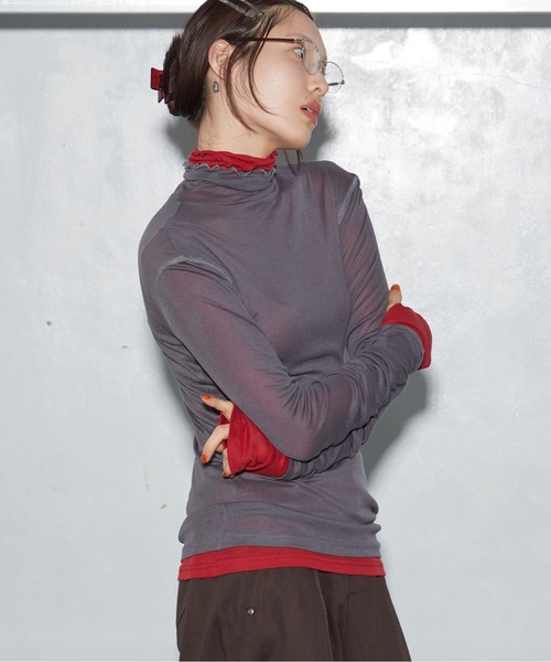 OFROOM(オフルーム)の「【2026秋冬新作】Sheer Long Sleeve Turtle|シアーロングスリーブタートル(Tシャツ/カットソー・レディース・レッド/チャコールグレー/ホワイト/ネイビー/グレー/ブラック・FREE)」の12枚目の写真