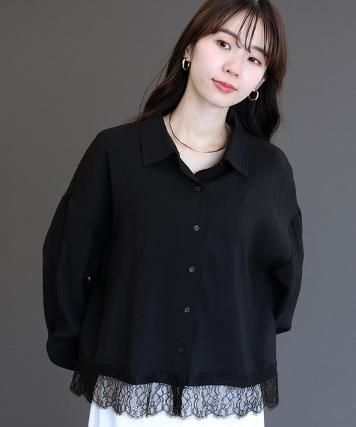 Aletta vita(アレッタビータ)の「T/R裾レース長袖シャツ(シャツ/ブラウス・レディース・ブラック/オフホワイト・M)」の4枚目の写真