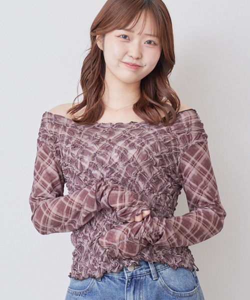 archives(アルシーヴ)の「チェックアソートくしゅくしゅシアーTOPS(Tシャツ/カットソー・レディース・ブラウン/ブルー/ブラック/オフホワイト・MEDIUM)」の1枚目の写真