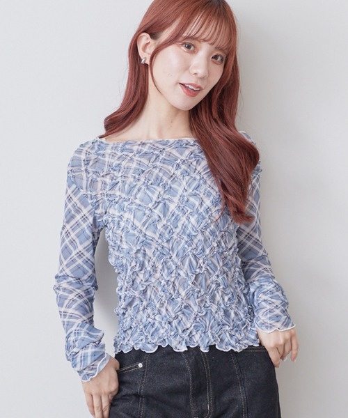 archives(アルシーヴ)の「チェックアソートくしゅくしゅシアーTOPS(Tシャツ/カットソー・レディース・ブラウン/ブルー/ブラック/オフホワイト・MEDIUM)」の4枚目の写真