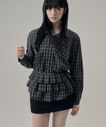 check tiered pleats waist tie shirt / チェック柄ティアードプリーツウエストリボンシャツ
