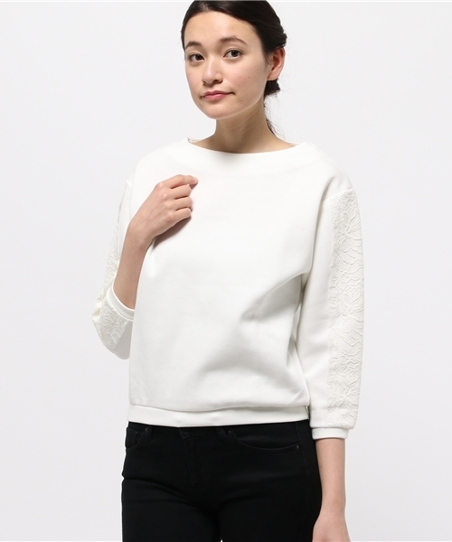 HELIOPOLE(エリオポール)の「【手洗い可能】 レースコンビニットトップス(Tシャツ/カットソー・レディース・ネイビー/オフホワイト・38)」の1枚目の写真