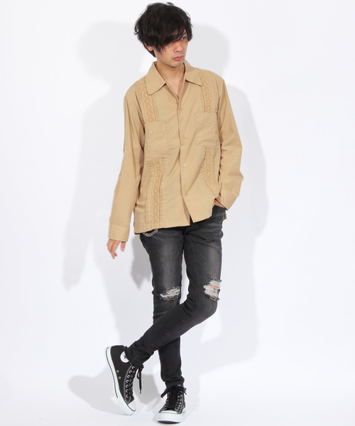 ８(eight)（エイト）の「刺繍 キューバシャツ ロングシャツ（シャツ/ブラウス・メンズ・ブラック/ベージュ/グリーン/ワイン・MEDIUM/LARGE）」の7枚目の写真