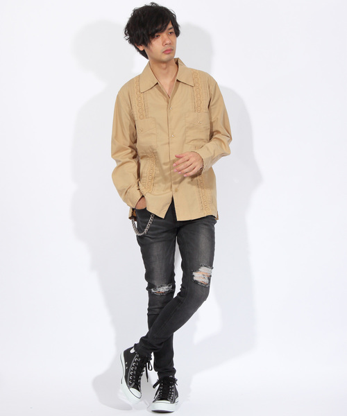 ８(eight)（エイト）の「刺繍 キューバシャツ ロングシャツ（シャツ/ブラウス・メンズ・ブラック/ベージュ/グリーン/ワイン・MEDIUM/LARGE）」の8枚目の写真