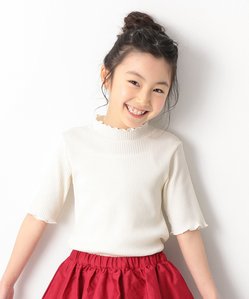 devirock（デビロック）の「リブハーフスリーブTシャツ（Tシャツ/カットソー・キッズ・杢グレー/オフホワイト/イエロー系その他/ピンク系その他/レッド系その他/ブラック・100cm/110cm/120cm/130cm/140cm/150cm/160cm）」の2枚目の写真