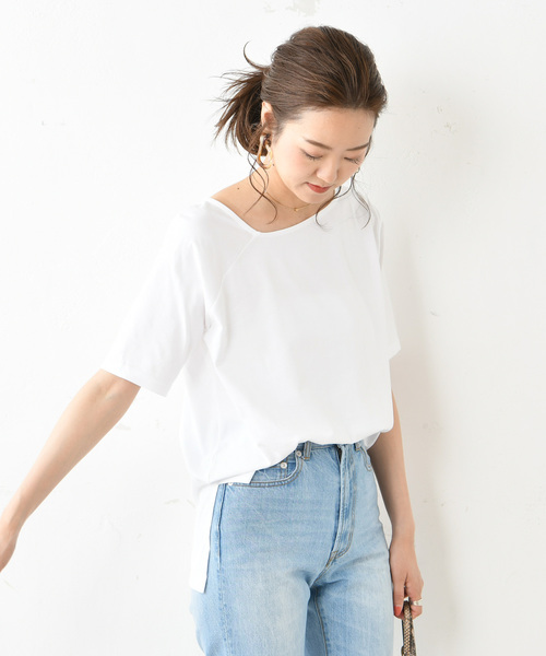 DouDou（ドゥドゥ）の「アシメネックT（Tシャツ/カットソー・レディース・オフホワイト/スミクロ/ベージュ/グレイッシュベージュ・FREE）」の18枚目の写真