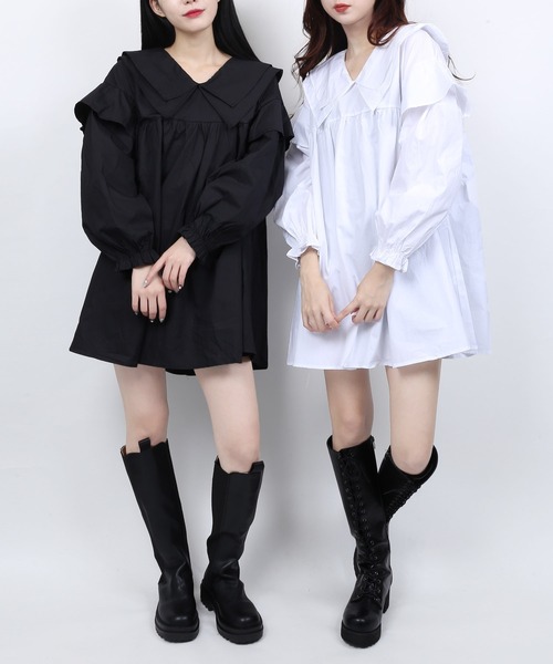 WC（ダブル シー）の「WC/ビッグ襟ロングスリーブシャツワンピース（シャツワンピース・レディース・ホワイト/ブラック・FREE）」の6枚目の写真