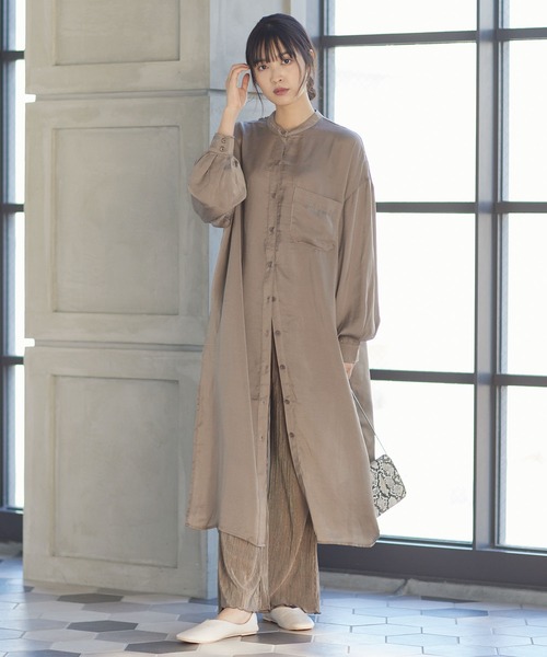 ウエストゴムサテンミニプリーツロングパンツ