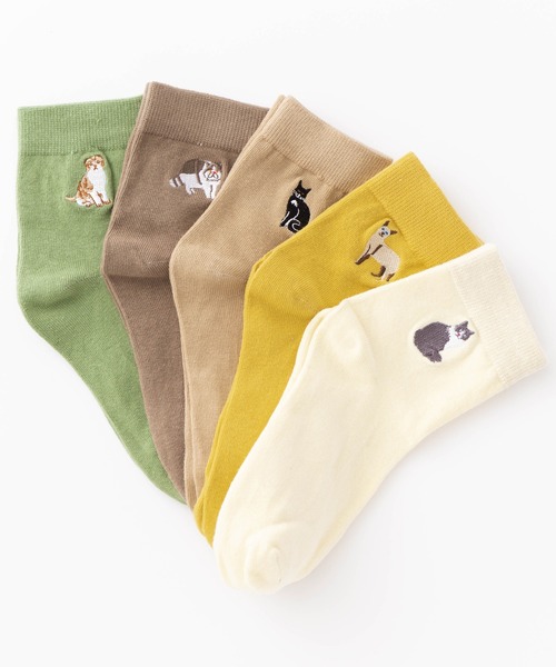 セール】犬猫 刺繍 ロークルーソックス5足セット（ソックス/靴下