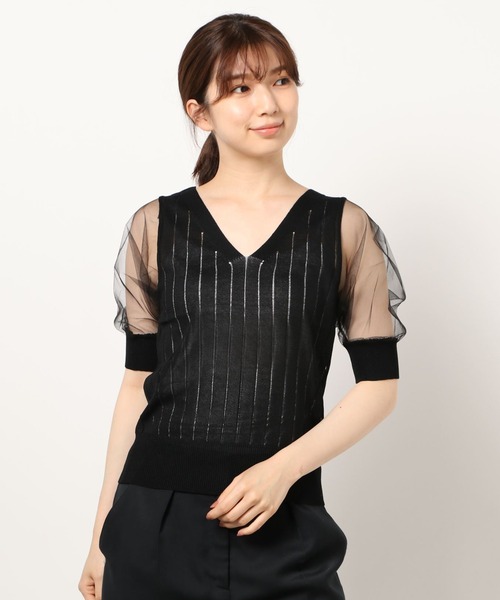 ABITOKYO（アビトーキョー）の「シアースリーブVネックドッキングプルオーバー（ニット/セーター・レディース・ホワイト/ブラック/ネイビー/グリーン・FREE）」の2枚目の写真