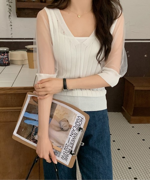 ABITOKYO（アビトーキョー）の「シアースリーブVネックドッキングプルオーバー（ニット/セーター・レディース・ホワイト/ブラック/ネイビー/グリーン・FREE）」の16枚目の写真