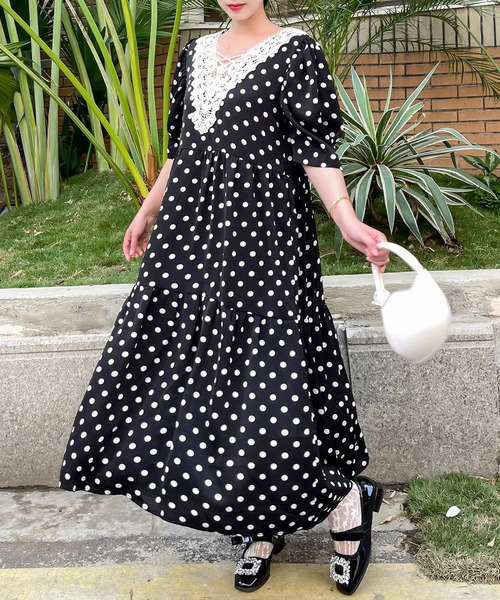 前後2wayレースvネック水玉柄ティアードワンピース ワンピース Free Stylists フリー セール ワンピース スタイリスト のファッション Free Stylists フリー
