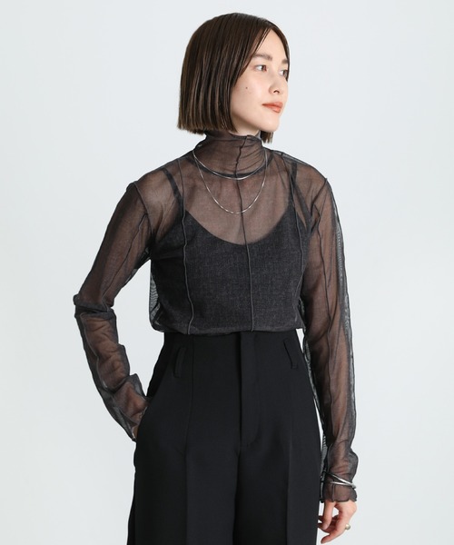 select MOCA(セレクトモカ)の「ハイネックシアーリンキングメロートップス(Tシャツ/カットソー・レディース・ブラック/パープル/ブラウン/オリーブ/オレンジ/ブルー・FREE)」の9枚目の写真