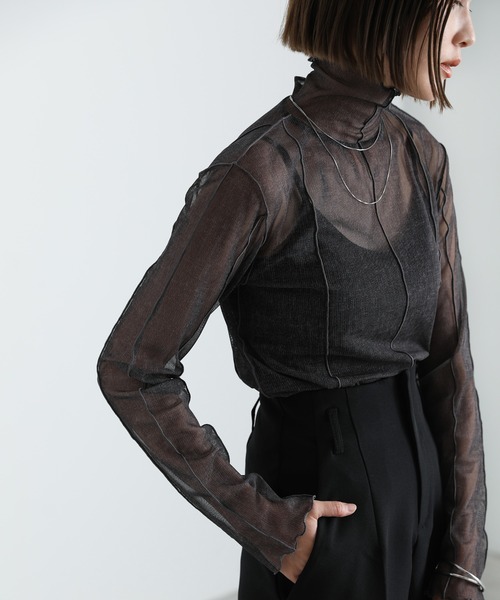 ハイネックシアーリンキングメロートップス（Tシャツ/カットソー