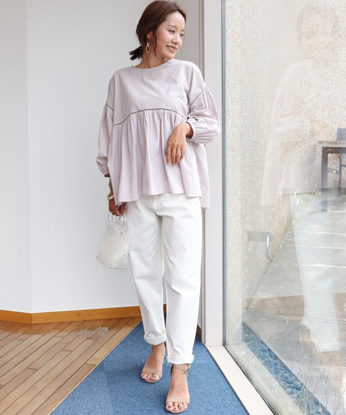 andme（アンドミー）の「コットンワッシャーボリューム袖ハシゴレースブラウス（シャツ/ブラウス・レディース・チャコールグレー/オフホワイト/ピンク系その他/グレイッシュベージュ・M）」の12枚目の写真