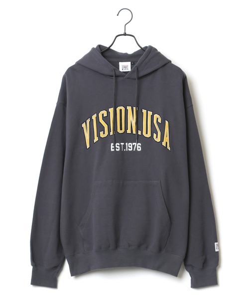 VISION STREET WEAR(ヴィジョンストリートウェア)の「VISION STREET WEAR/ヴィジョンストリートウェア ビッグシルエット ベロアワッペン カレッジ ロゴ スウェット パーカー(パーカー・メンズ・チャコールグレー/パープル/オートミール/グレー系その他・LL/M/L)」の14枚目の写真