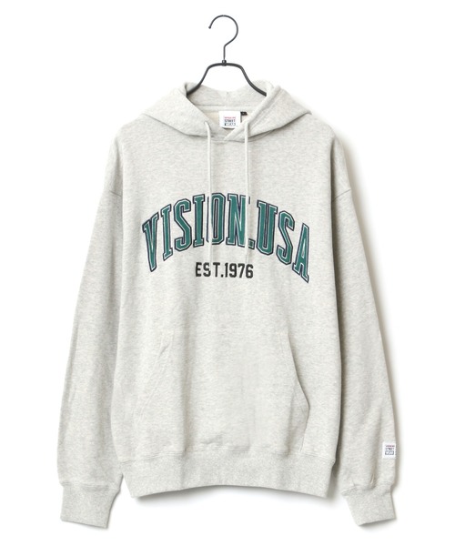 VISION STREET WEAR(ヴィジョンストリートウェア)の「VISION STREET WEAR/ヴィジョンストリートウェア ビッグシルエット ベロアワッペン カレッジ ロゴ スウェット パーカー(パーカー・メンズ・チャコールグレー/パープル/オートミール/グレー系その他・LL/M/L)」の12枚目の写真