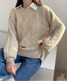 ボリュームスリーブケーブルニットプルオーバー