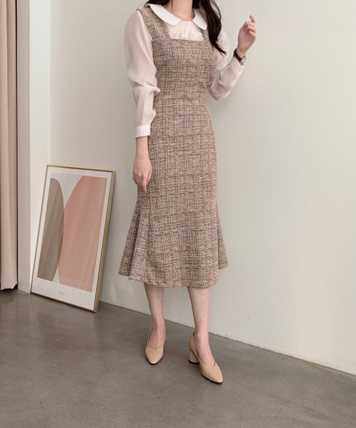 セール】【Jasmine】スクエアネックツイードマーメイドワンピース
