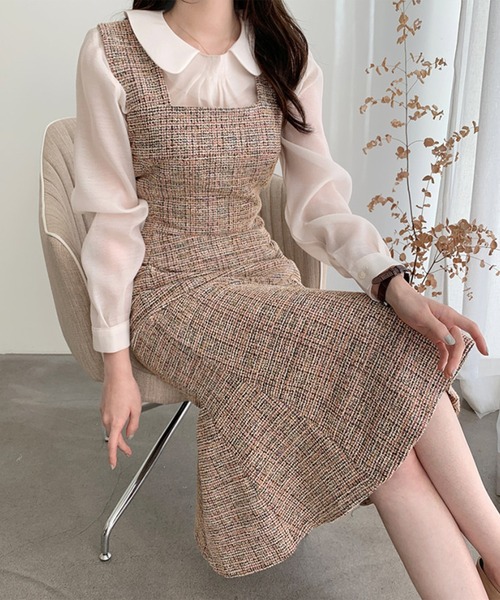 セール】【Jasmine】スクエアネックツイードマーメイドワンピース