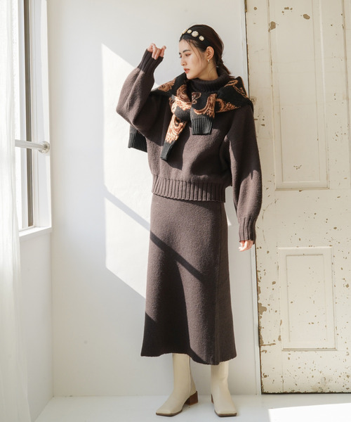 VENCEEXCHANGE（ヴァンスエクスチェンジ）の「ジャカードニットロングスカート（スカート・レディース・ブラック/ダークグリーン/ベージュ・M）」の4枚目の写真