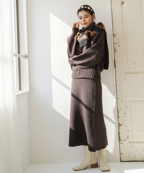 VENCEEXCHANGE（ヴァンスエクスチェンジ）の「ジャカードニットロングスカート（スカート・レディース・ブラック/ダークグリーン/ベージュ・M）」の5枚目の写真