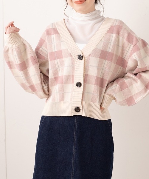 OLIVE des OLIVE（オリーブデオリーブ）の「タータンチェックVネックカーディガン（カーディガン/ボレロ・レディース・オフホワイト/サックスブルー/ピンク・FREE）」の3枚目の写真