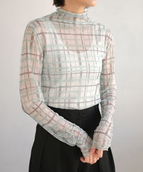 ＡＮＤＪ（アンドジェイ）の「水彩チェック柄パワーメッシュシアートップス（Tシャツ/カットソー・レディース・グリーン/ライム・M）」の16枚目の写真