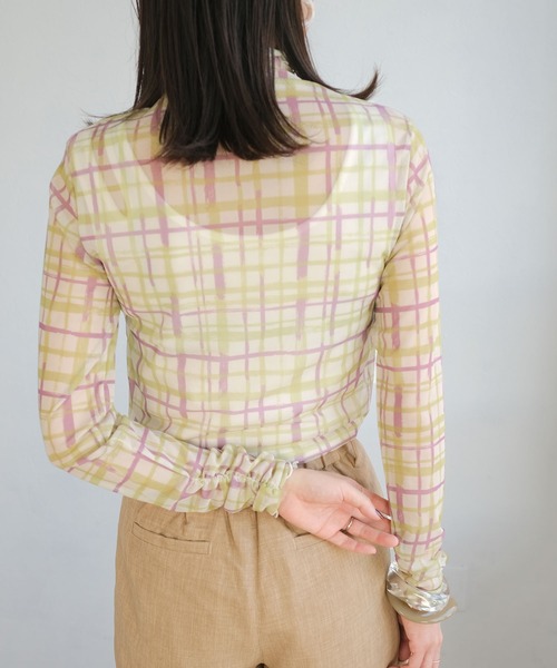 ＡＮＤＪ（アンドジェイ）の「水彩チェック柄パワーメッシュシアートップス（Tシャツ/カットソー・レディース・グリーン/ライム・M）」の10枚目の写真