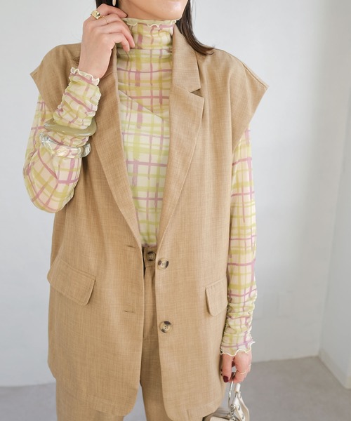 ＡＮＤＪ（アンドジェイ）の「水彩チェック柄パワーメッシュシアートップス（Tシャツ/カットソー・レディース・グリーン/ライム・M）」の4枚目の写真