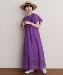 Dot＆Stripes CHILD WOMAN | コットンボイル×マニーレース フリル袖 ピンタックワンピース(ワンピース)