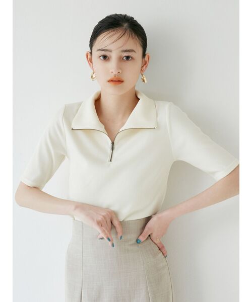 MURUA（ムルーア）の「ハーフジップタイトテレコトップス（ポロシャツ・レディース・ホワイト/ブラック/グリーン・FREE）」の2枚目の写真