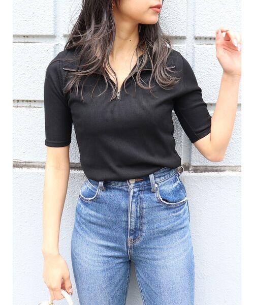 MURUA（ムルーア）の「ハーフジップタイトテレコトップス（ポロシャツ・レディース・ホワイト/ブラック/グリーン・FREE）」の3枚目の写真