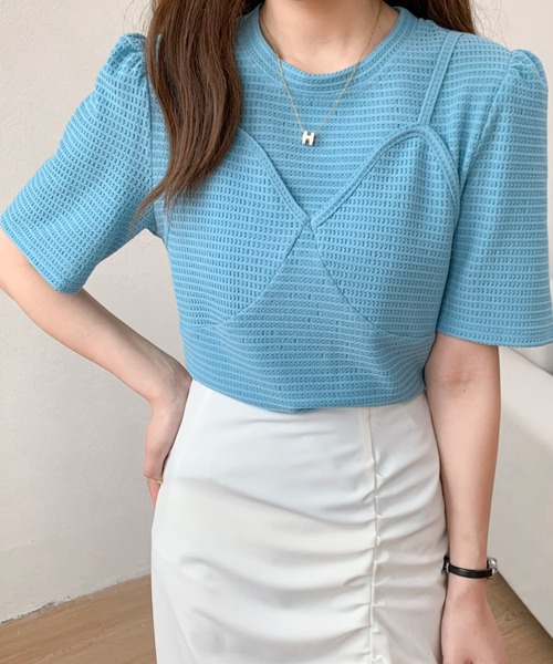 Diosfront(ディオスフロント)の「ビスチェレイヤード風トップス(Tシャツ/カットソー・レディース・イエロー/グリーン/ブラック/アイボリー/ブルーグレー・S/M)」の4枚目の写真