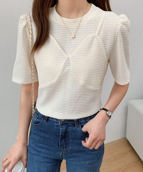 Diosfront(ディオスフロント)の「ビスチェレイヤード風トップス(Tシャツ/カットソー・レディース・イエロー/グリーン/ブラック/アイボリー/ブルーグレー・S/M)」の8枚目の写真
