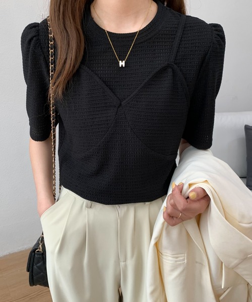 Diosfront(ディオスフロント)の「ビスチェレイヤード風トップス(Tシャツ/カットソー・レディース・イエロー/グリーン/ブラック/アイボリー/ブルーグレー・S/M)」の6枚目の写真