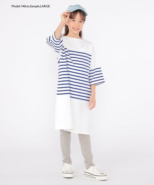familiar ♡ ボーダー ワンピース シャツ セット ♡お揃い キャミワンピース＆ボーダーTシャツセット(S(140) サックス