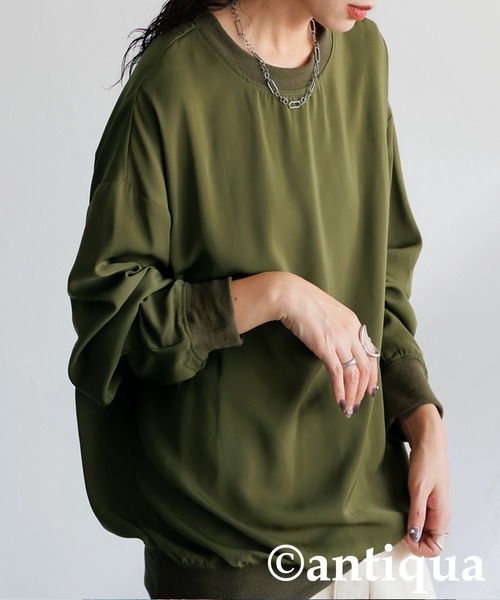 antiqua（アンティカ）の「リブ切り替えシアートップス（Tシャツ/カットソー・レディース・ブラック/ホワイト/グレイッシュベージュ/カーキ/ブルー・FREE）」の4枚目の写真