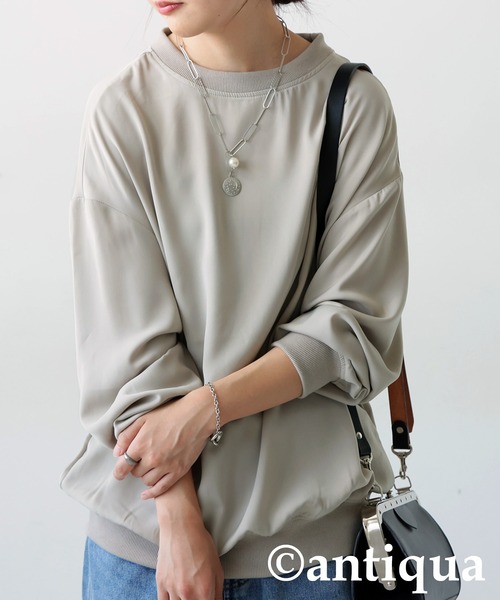 antiqua（アンティカ）の「リブ切り替えシアートップス（Tシャツ/カットソー・レディース・ブラック/ホワイト/グレイッシュベージュ/カーキ/ブルー・FREE）」の3枚目の写真