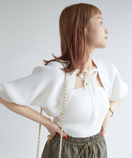 w closet（ダブルクローゼット）の「【SETアイテム】ボレロカーディガン&ニットキャミソール（カーディガン/ボレロ・レディース・ブラック/オフホワイト/ピンク/サックスブルー/オレンジ・FREE）」の6枚目の写真