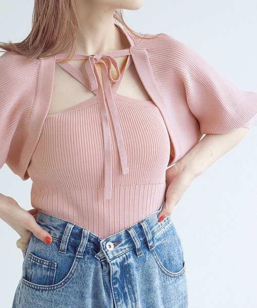 w closet（ダブルクローゼット）の「【SETアイテム】ボレロカーディガン&ニットキャミソール（カーディガン/ボレロ・レディース・ブラック/オフホワイト/ピンク/サックスブルー/オレンジ・FREE）」の12枚目の写真