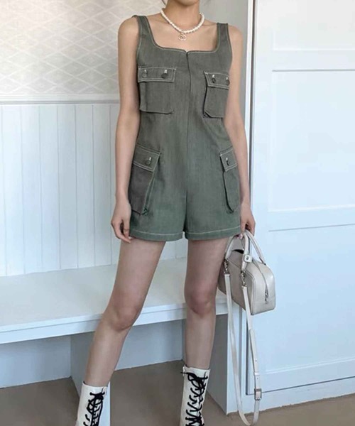 SPIGA（スピーガ）の「ﾎﾟｹｯﾄ付ｼｮｰﾄｵｰﾙｲﾝﾜﾝ（つなぎ/オールインワン・レディース・ブルー/ベージュ/カーキ・FREE）」の2枚目の写真