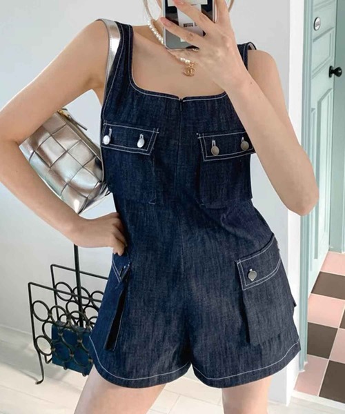 SPIGA（スピーガ）の「ﾎﾟｹｯﾄ付ｼｮｰﾄｵｰﾙｲﾝﾜﾝ（つなぎ/オールインワン・レディース・ブルー/ベージュ/カーキ・FREE）」の3枚目の写真