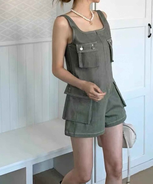 SPIGA（スピーガ）の「ﾎﾟｹｯﾄ付ｼｮｰﾄｵｰﾙｲﾝﾜﾝ（つなぎ/オールインワン・レディース・ブルー/ベージュ/カーキ・FREE）」の8枚目の写真