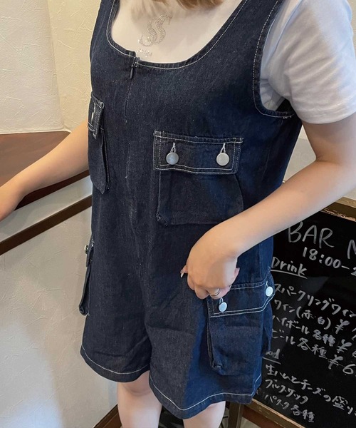 SPIGA（スピーガ）の「ﾎﾟｹｯﾄ付ｼｮｰﾄｵｰﾙｲﾝﾜﾝ（つなぎ/オールインワン・レディース・ブルー/ベージュ/カーキ・FREE）」の4枚目の写真