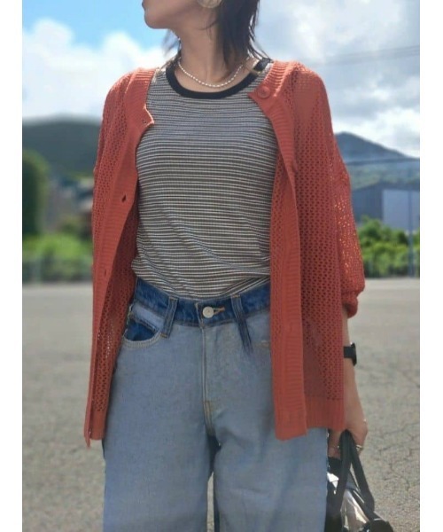 BACK NUMBER(バックナンバー)の「【BACK NUMBER】透かし編みカーディガン(カーディガン/ボレロ・レディース・レンガ/グリーン/オフホワイト・L/M)」の6枚目の写真