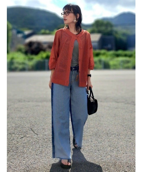BACK NUMBER(バックナンバー)の「【BACK NUMBER】透かし編みカーディガン(カーディガン/ボレロ・レディース・レンガ/グリーン/オフホワイト・L/M)」の7枚目の写真