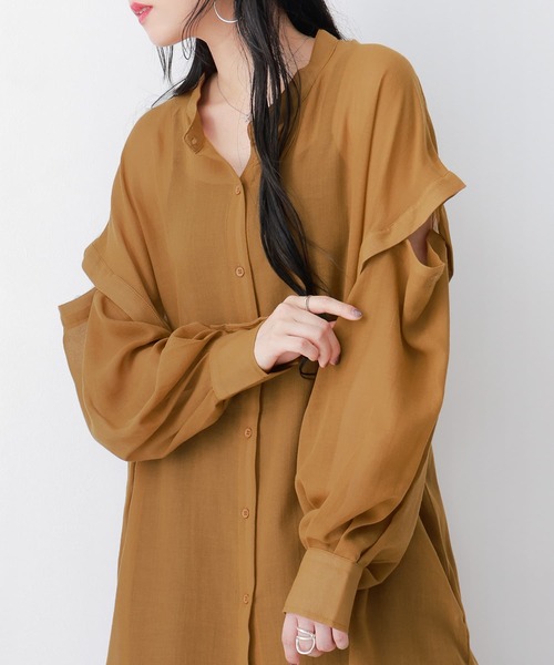 osharewalker（オシャレウォーカー）の「【廃盤】『シアーボイル2WAYシャツ』（シャツ/ブラウス・レディース・キャメル/ブラック/オフホワイト・FREE）」の3枚目の写真