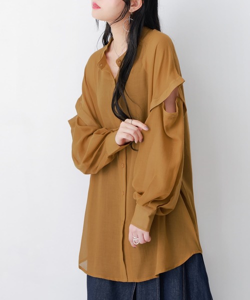 osharewalker（オシャレウォーカー）の「【廃盤】『シアーボイル2WAYシャツ』（シャツ/ブラウス・レディース・キャメル/ブラック/オフホワイト・FREE）」の4枚目の写真