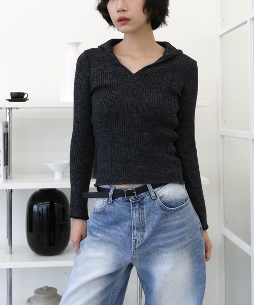 UNE MANSION(ユヌマンション)の「スリムフィットVネックカラーラメニット(Tシャツ/カットソー・レディース・ブラウン/ブラック・FREE)」の14枚目の写真